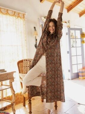 Natural Life Womens L/XL Rust Floral Maxi Dress Duster with pockets